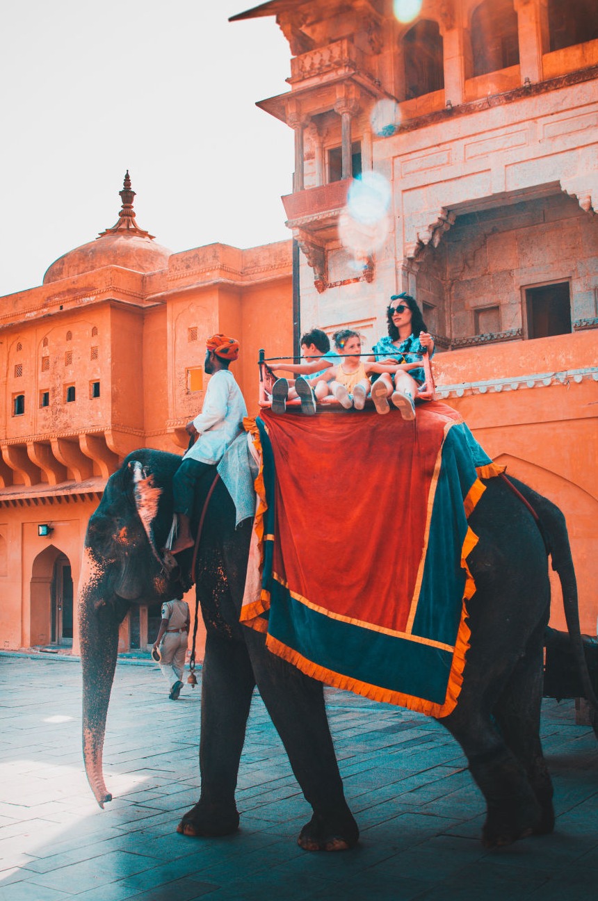 Tourists enjoying an elephant ride at Amber Fort, Jaipur