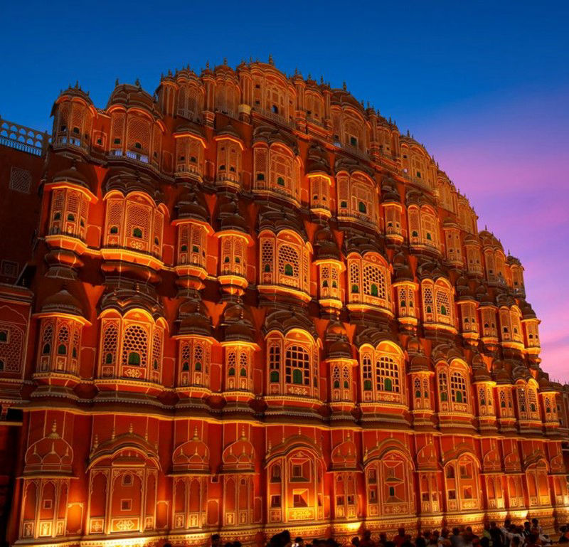 Hawa Mahal, Palace of Winds, illuminated at twilight in Jaipur