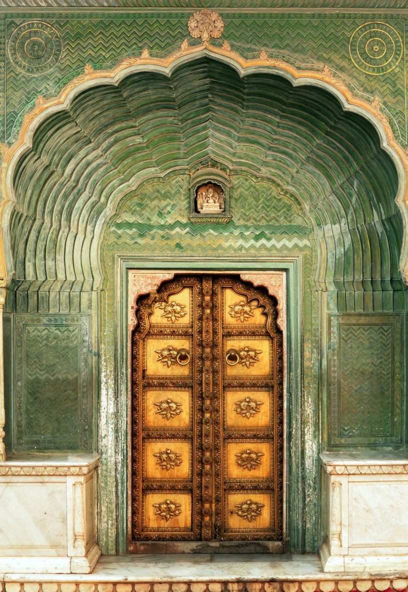 Ornate green mosaic Patrika Gate, a popular tourist attraction in Jaipur