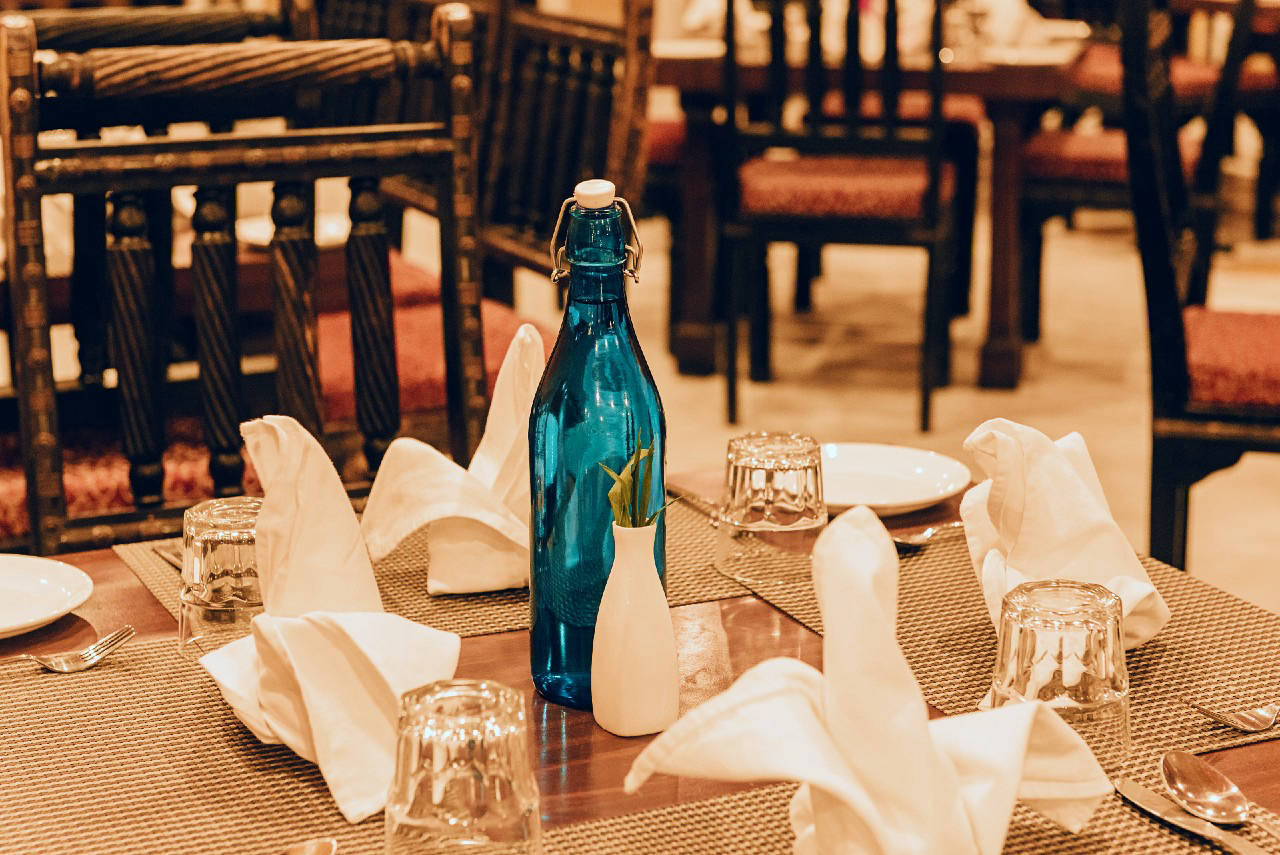 Elegant restaurant table setting at Fort Chandragupt Hotel Jaipur