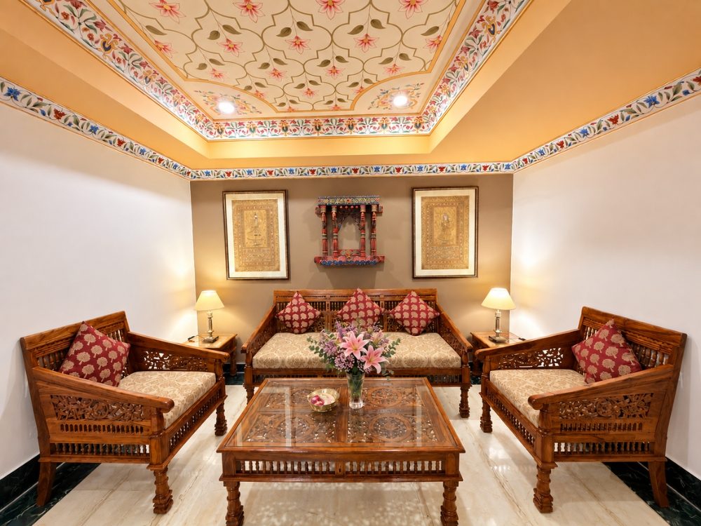 Suite Room lounge and seating corner at Fort Chandragupt Hotel Jaipur